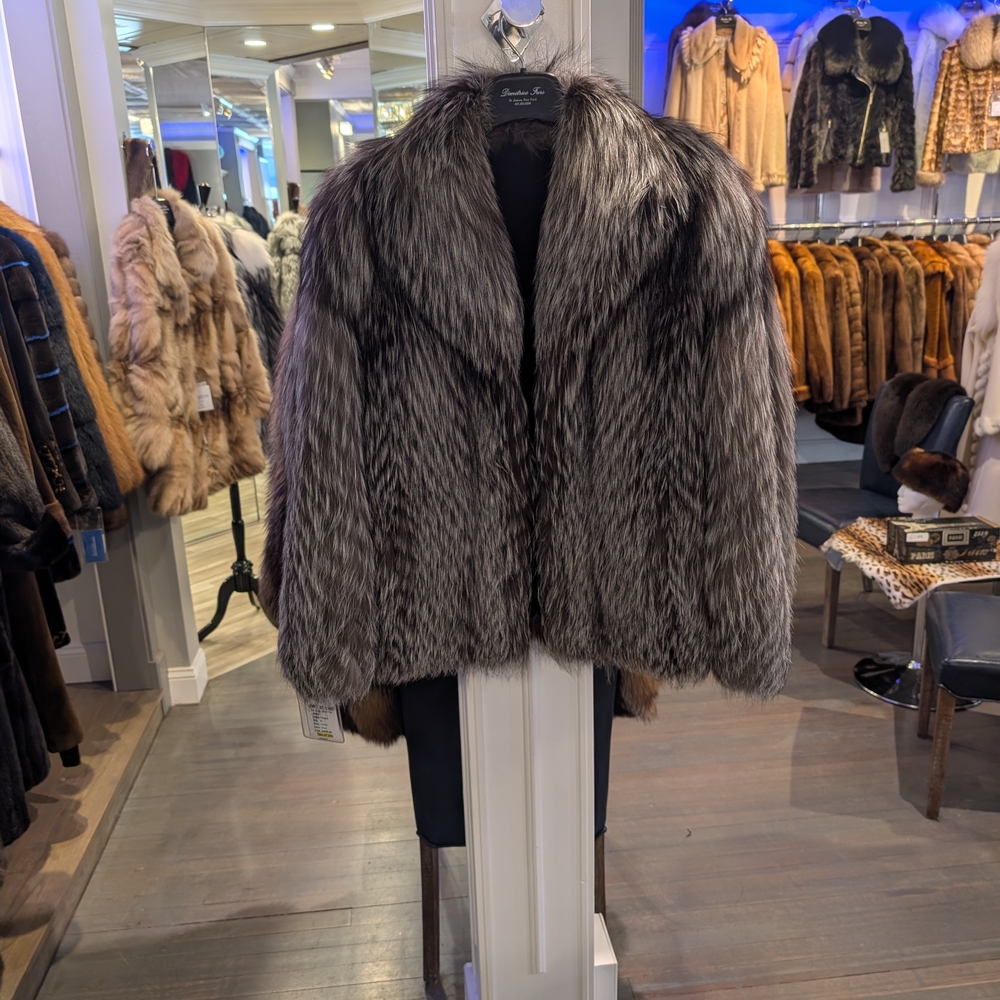 Elegant Black and Gray Silver Fox Fur Jacket Waist Length